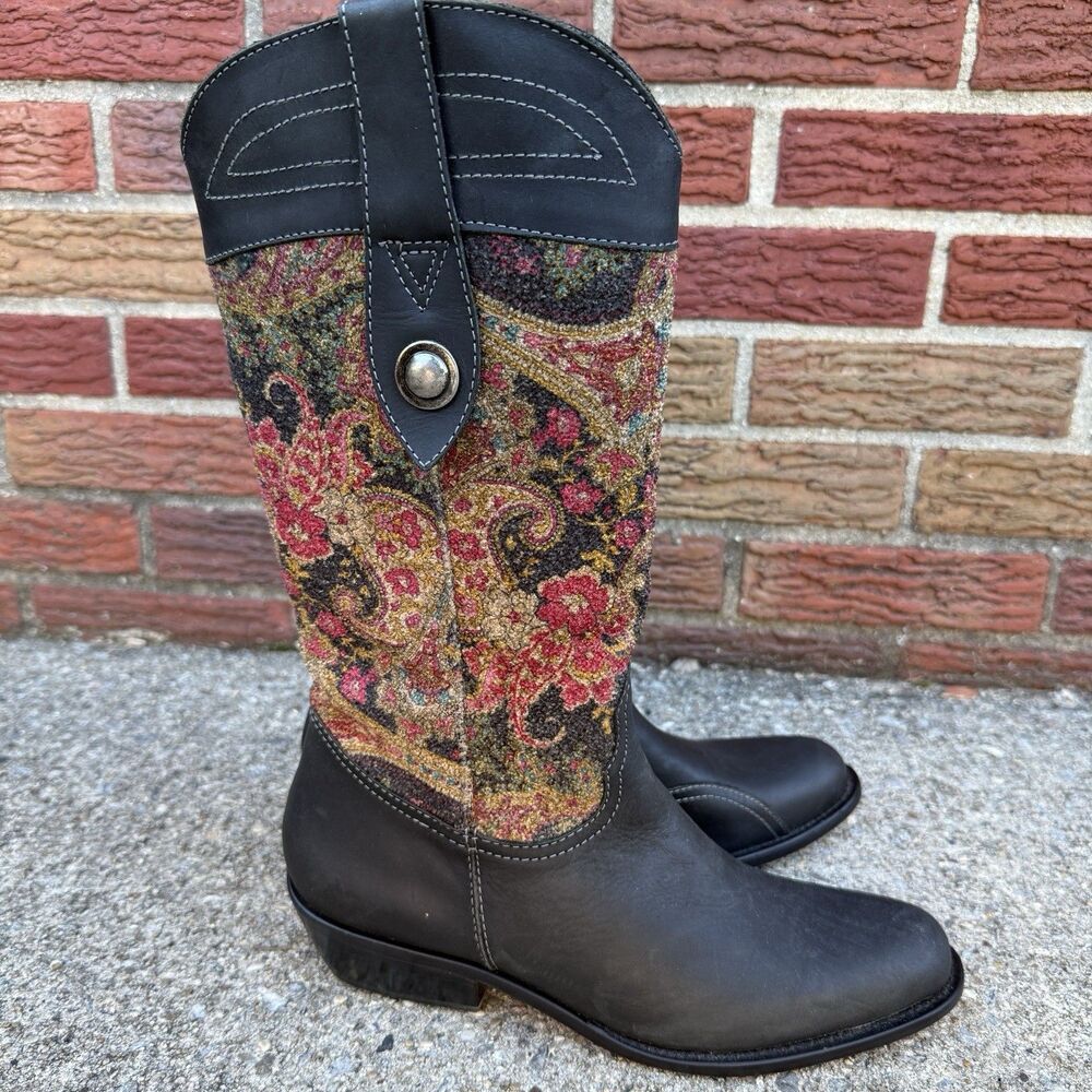 Diego di Lucca Black Leather Tapestry Cowboy Boots Size 9 Western Boho Chic
